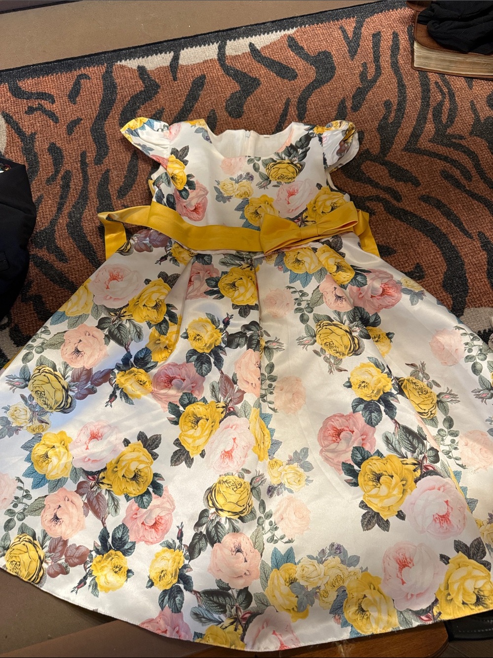 Floral Yellow & Pink Girls' Party Dress with Sash